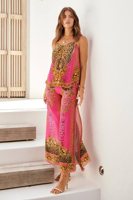 Zariaah_Pink Viscose, Silk Stones V-neck Princess Leopard Print Top With Pant _at_Aza_Fashions