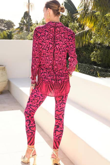 Shop Zariaah Pink Spandex, Viscose, Silk Collared Lost Hearts Printed Shirt With Leggings at Aza Fashions Shop_Zariaah_Pink Spandex, Viscose, Silk Collared Lost Hearts Printed Shirt With Leggings _at_Aza_Fashions