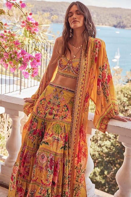 Buy_Zariaah_Yellow Summer Garden Print Cape _Online_at_Aza_Fashions