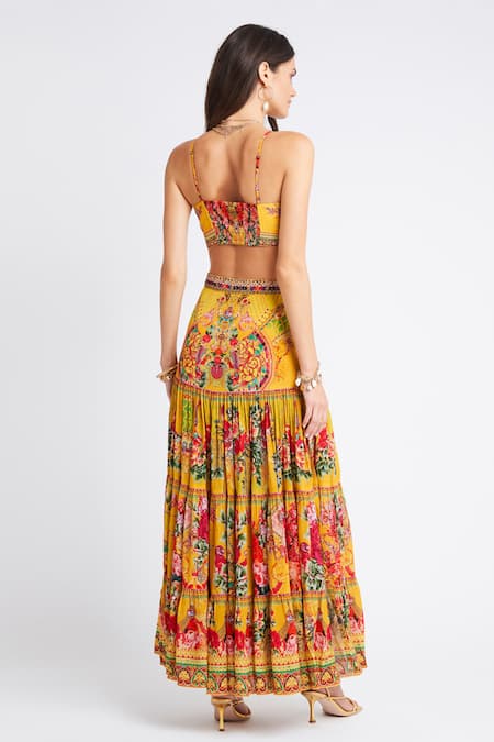 Shop_Zariaah_Yellow Viscose, Silk Crystals Summer Garden Print Maxi Skirt _at_Aza_Fashions