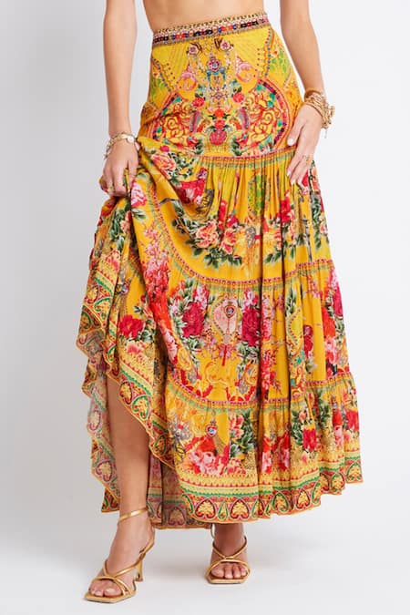 Zariaah_Yellow Viscose, Silk Crystals Summer Garden Print Maxi Skirt _Online_at_Aza_Fashions