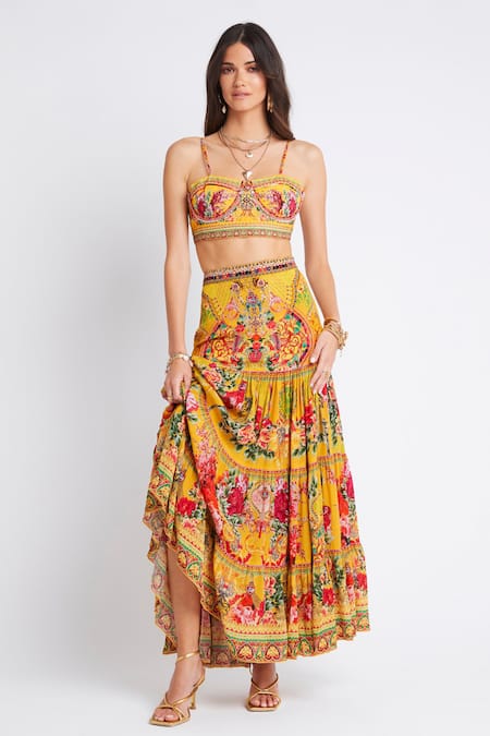 Buy_Zariaah_Yellow Viscose, Silk Crystals Summer Garden Print Maxi Skirt _Online_at_Aza_Fashions