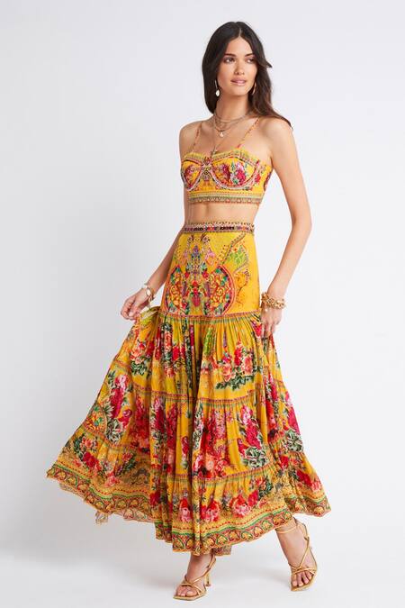 Shop_Zariaah_Yellow Viscose, Silk Crystals Summer Garden Print Maxi Skirt _Online_at_Aza_Fashions