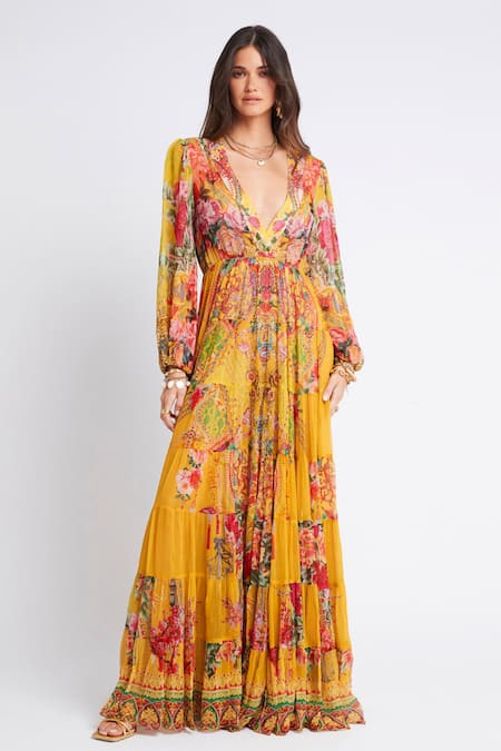 Buy Zariaah Yellow Chiffon Crystals, Embroidery V-neck Summer Garden Print Maxi Dress Online at Aza Fashions Buy_Zariaah_Yellow Chiffon Crystals, Embroidery V-neck Summer Garden Print Maxi Dress _Online_at_Aza_Fashions