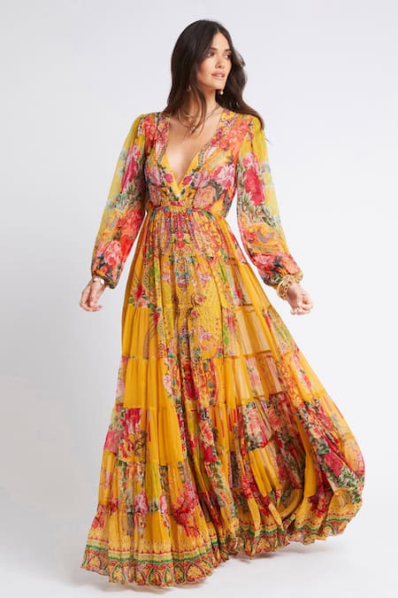 Shop Zariaah Yellow Chiffon Crystals, Embroidery V-neck Summer Garden Print Maxi Dress Online at Aza Fashions Shop_Zariaah_Yellow Chiffon Crystals, Embroidery V-neck Summer Garden Print Maxi Dress _Online_at_Aza_Fashions