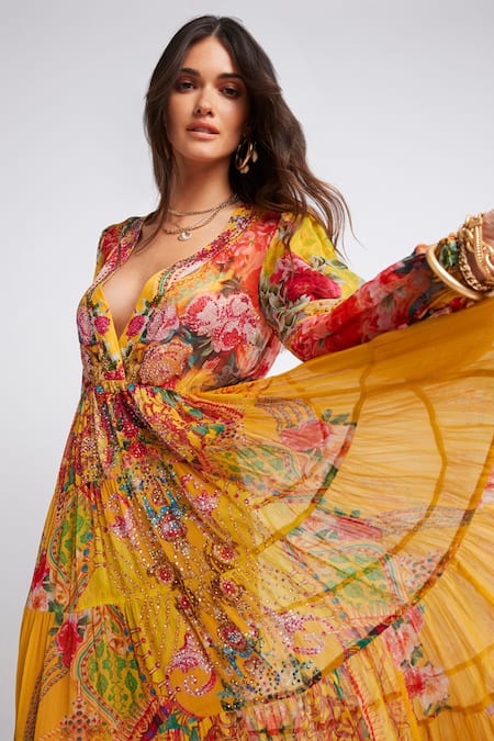 Zariaah Yellow Chiffon Crystals, Embroidery V-neck Summer Garden Print Maxi Dress at Aza Fashions Zariaah_Yellow Chiffon Crystals, Embroidery V-neck Summer Garden Print Maxi Dress _at_Aza_Fashions