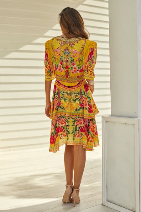 Shop Zariaah Yellow Viscose, Silk Crystals, Summer Garden Print Multi-layered Dress at Aza Fashions Shop_Zariaah_Yellow Viscose, Silk Crystals, Summer Garden Print Multi-layered Dress _at_Aza_Fashions