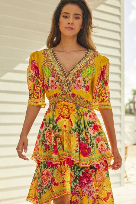 Shop Zariaah Yellow Viscose, Silk Crystals, Summer Garden Print Multi-layered Dress Online at Aza Fashions Shop_Zariaah_Yellow Viscose, Silk Crystals, Summer Garden Print Multi-layered Dress _Online_at_Aza_Fashions