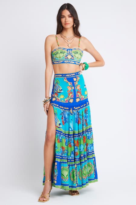 Zariaah Ocean Print Slit Maxi Skirt 