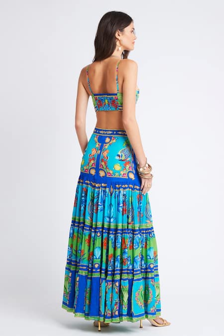 Shop_Zariaah_Blue Viscose, Silk Crystals Ocean Print Slit Maxi Skirt _at_Aza_Fashions