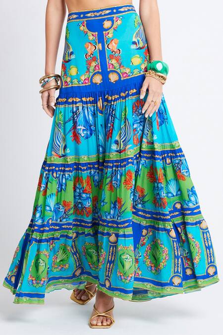 Zariaah_Blue Viscose, Silk Crystals Ocean Print Slit Maxi Skirt _Online_at_Aza_Fashions