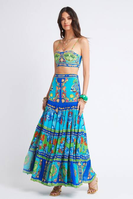 Shop_Zariaah_Blue Viscose, Silk Crystals Ocean Print Slit Maxi Skirt _Online_at_Aza_Fashions