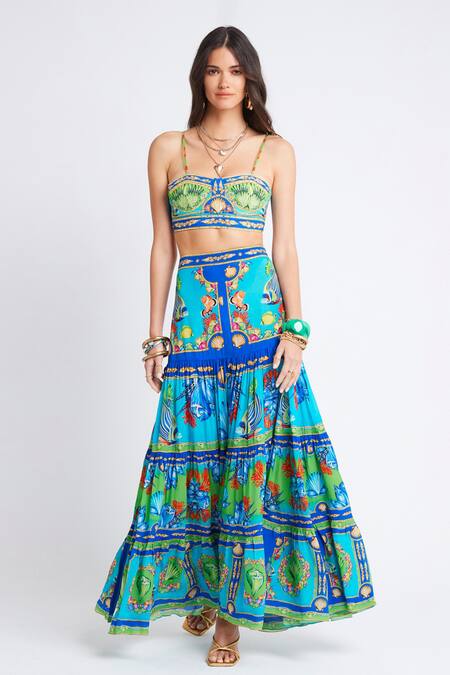 Zariaah_Blue Viscose, Silk Crystals Ocean Print Slit Maxi Skirt _at_Aza_Fashions
