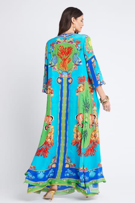Shop_Zariaah_Blue Viscose Silk Printed Ocean Open Cape  _at_Aza_Fashions