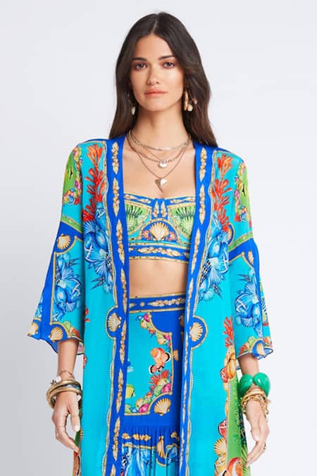 Zariaah_Blue Viscose Silk Printed Ocean Open Cape  _Online_at_Aza_Fashions