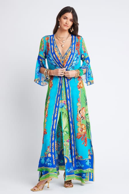 Buy_Zariaah_Blue Viscose Silk Printed Ocean Open Cape  _Online_at_Aza_Fashions