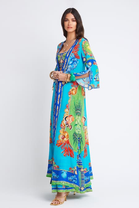 Shop_Zariaah_Blue Viscose Silk Printed Ocean Open Cape  _Online_at_Aza_Fashions