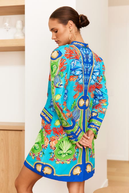 Shop Zariaah Blue Viscose, Silk Crystals Shawl Neck Ocean Print Blazer Dress at Aza Fashions Shop_Zariaah_Blue Viscose, Silk Crystals Shawl Neck Ocean Print Blazer Dress _at_Aza_Fashions