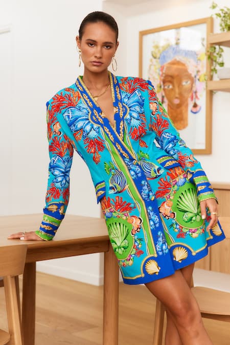 Buy Zariaah Blue Viscose, Silk Crystals Shawl Neck Ocean Print Blazer Dress Online at Aza Fashions Buy_Zariaah_Blue Viscose, Silk Crystals Shawl Neck Ocean Print Blazer Dress _Online_at_Aza_Fashions