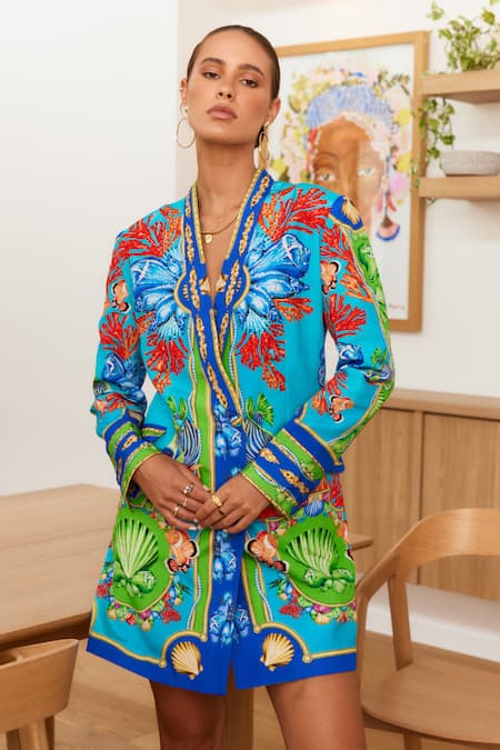 Shop Zariaah Blue Viscose, Silk Crystals Shawl Neck Ocean Print Blazer Dress Online at Aza Fashions Shop_Zariaah_Blue Viscose, Silk Crystals Shawl Neck Ocean Print Blazer Dress _Online_at_Aza_Fashions