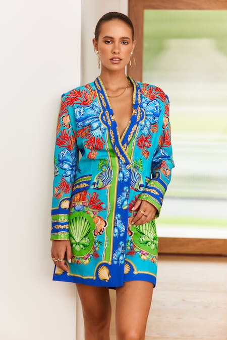 Zariaah Blue Viscose, Silk Crystals Shawl Neck Ocean Print Blazer Dress at Aza Fashions Zariaah_Blue Viscose, Silk Crystals Shawl Neck Ocean Print Blazer Dress _at_Aza_Fashions