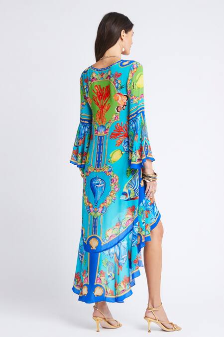 Zariaah Blue Viscose Silk Printed Ocean Deep V Neck High-low Dress   2