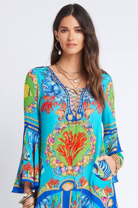 Zariaah Blue Viscose Silk Printed Ocean Deep V Neck High-low Dress   3