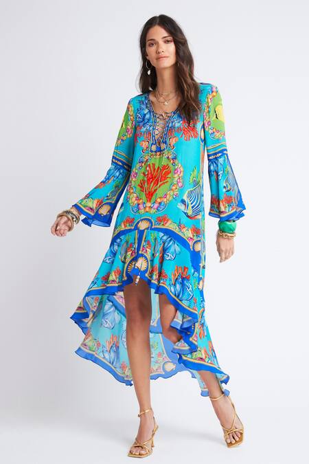 Zariaah Blue Viscose Silk Printed Ocean Deep V Neck High-low Dress   4