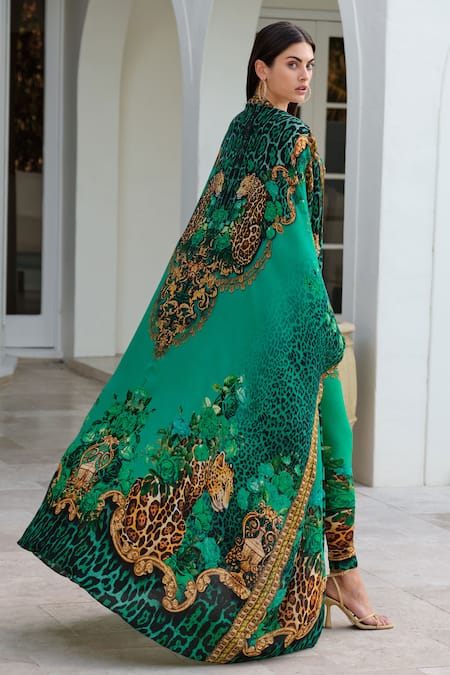 Shop_Zariaah_Green Wild Leopard Print Long Cape _at_Aza_Fashions