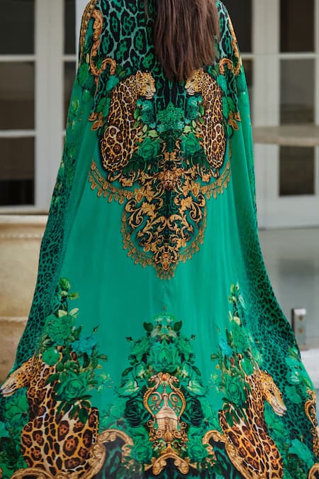 Zariaah_Green Wild Leopard Print Long Cape _Online_at_Aza_Fashions