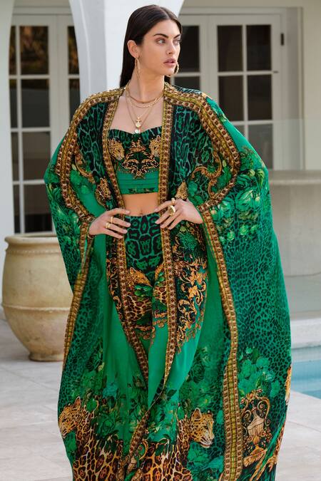 Buy_Zariaah_Green Wild Leopard Print Long Cape _Online_at_Aza_Fashions