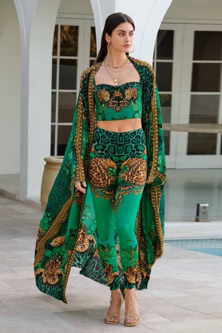 Shop_Zariaah_Green Wild Leopard Print Long Cape _Online_at_Aza_Fashions