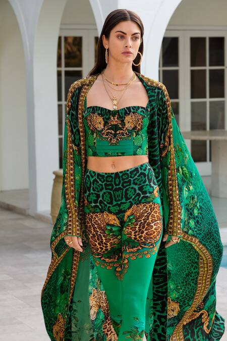 Zariaah_Green Wild Leopard Print Long Cape _at_Aza_Fashions