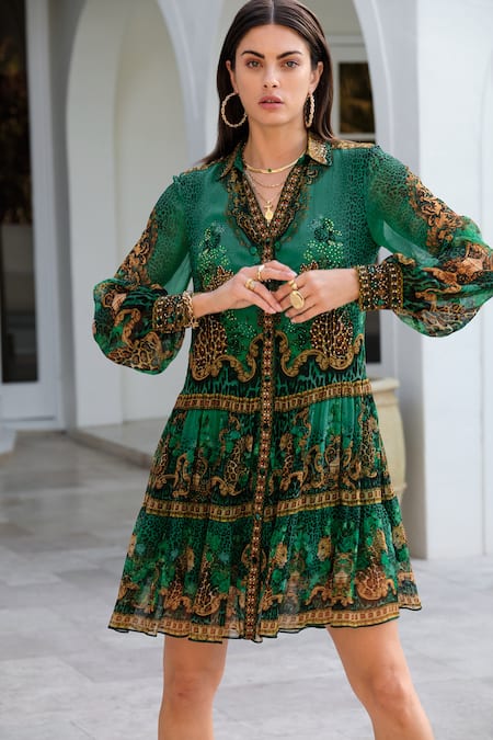Zariaah_Green Chiffon Crystals Collared Wild Leopard Print Shirt Dress _Online_at_Aza_Fashions