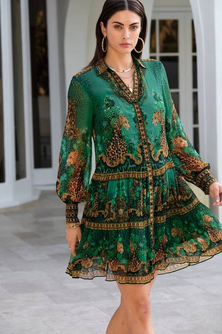 Buy_Zariaah_Green Chiffon Crystals Collared Wild Leopard Print Shirt Dress _Online_at_Aza_Fashions