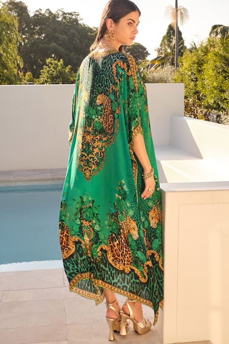 Shop_Zariaah_Green Viscose, Silk Crystals V-neck Wild Leopard Print Kaftan _at_Aza_Fashions