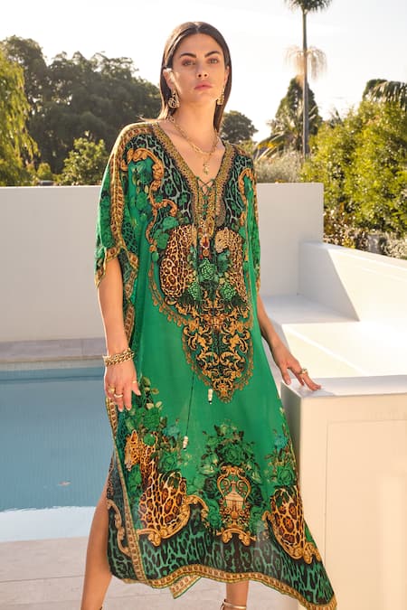 Buy_Zariaah_Green Viscose, Silk Crystals V-neck Wild Leopard Print Kaftan _Online_at_Aza_Fashions
