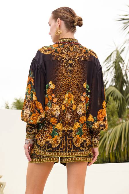 Shop Zariaah Black Viscose, Silk Crystals, Embroidery Enchanted Print Oversized Shirt at Aza Fashions Shop_Zariaah_Black Viscose, Silk Crystals, Embroidery Enchanted Print Oversized Shirt _at_Aza_Fashions
