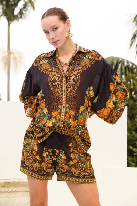 Zariaah Black Viscose, Silk Crystals, Embroidery Enchanted Print Oversized Shirt Online at Aza Fashions Zariaah_Black Viscose, Silk Crystals, Embroidery Enchanted Print Oversized Shirt _Online_at_Aza_Fashions