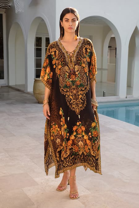 Zariaah_Black Viscose, Silk Crystals, Embroidery V-neck Enchanted Print Kaftan _Online_at_Aza_Fashions