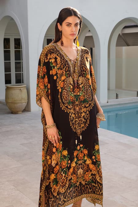 Buy_Zariaah_Black Viscose, Silk Crystals, Embroidery V-neck Enchanted Print Kaftan _Online_at_Aza_Fashions
