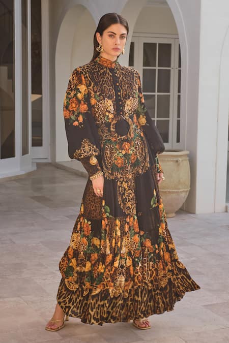 Zariaah_Black Viscose, Silk Crystals High Neck Enchanted Print Maxi Dress _Online_at_Aza_Fashions