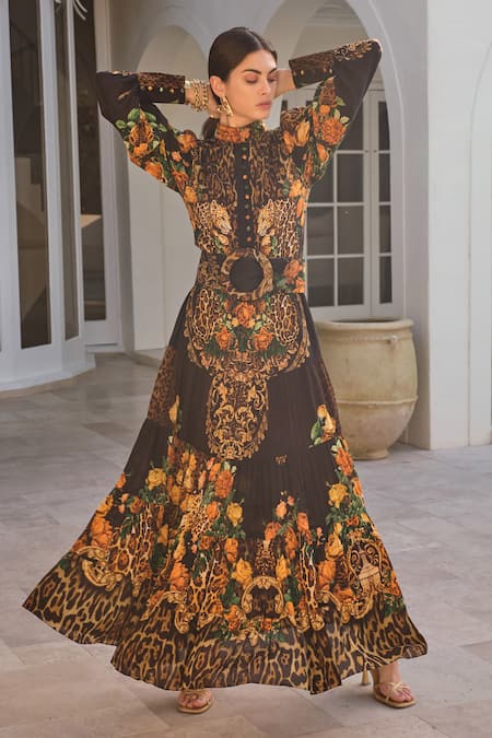 Buy_Zariaah_Black Viscose, Silk Crystals High Neck Enchanted Print Maxi Dress _Online_at_Aza_Fashions