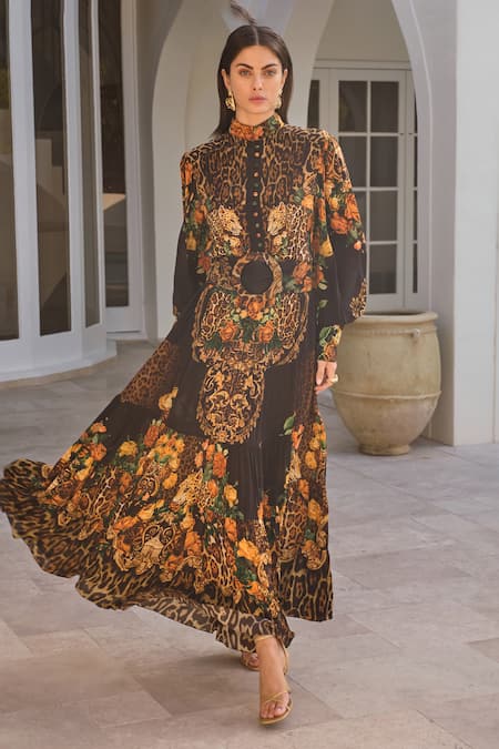 Shop_Zariaah_Black Viscose, Silk Crystals High Neck Enchanted Print Maxi Dress _Online_at_Aza_Fashions