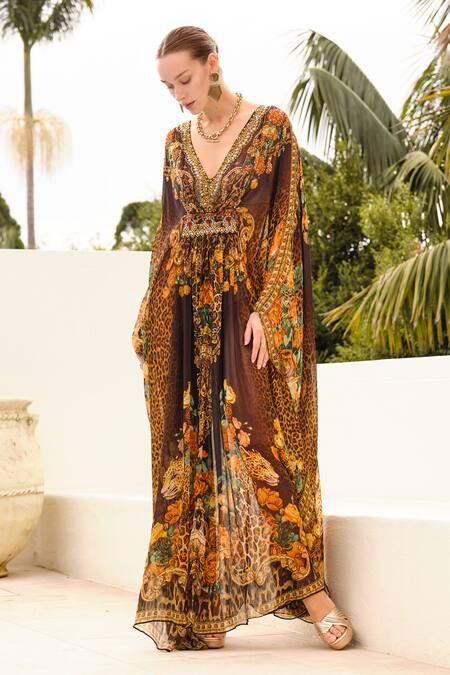 Shop Zariaah Black Chiffon Crystals, Embroidery V-neck Enchanted Print Long Kaftan Online at Aza Fashions Shop_Zariaah_Black Chiffon Crystals, Embroidery V-neck Enchanted Print Long Kaftan _Online_at_Aza_Fashions