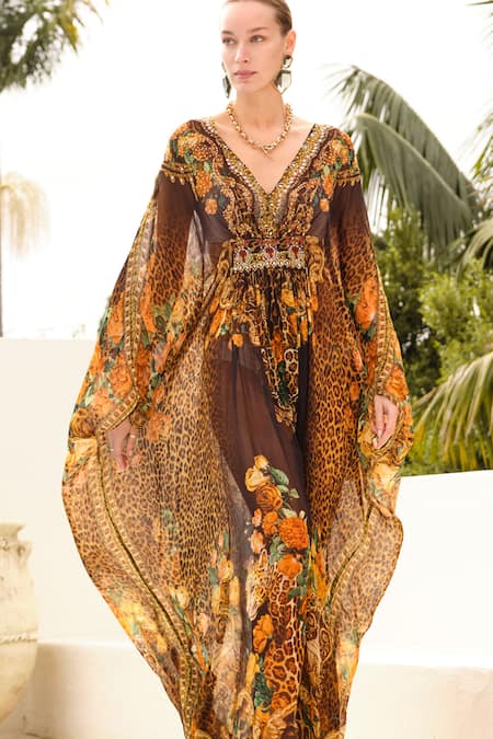 Zariaah Black Chiffon Crystals, Embroidery V-neck Enchanted Print Long Kaftan at Aza Fashions Zariaah_Black Chiffon Crystals, Embroidery V-neck Enchanted Print Long Kaftan _at_Aza_Fashions