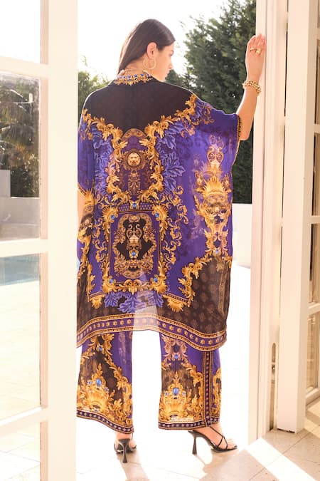 Shop Zariaah Blue Viscose, Silk Crystals, Embroidery Collared Empress Print Kaftan at Aza Fashions Shop_Zariaah_Blue Viscose, Silk Crystals, Embroidery Collared Empress Print Kaftan _at_Aza_Fashions