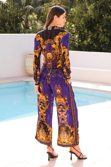 Shop Zariaah Blue Viscose, Silk Crystals Empress Print Palazzo at Aza Fashions Shop_Zariaah_Blue Viscose, Silk Crystals Empress Print Palazzo _at_Aza_Fashions