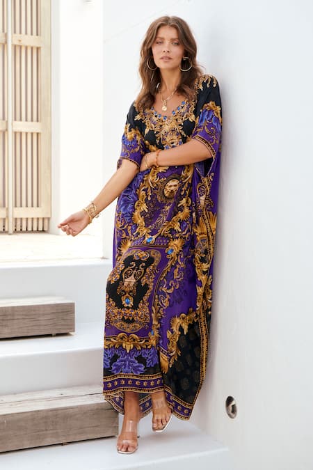 Zariaah_Blue Viscose, Silk Embroidery Round Neck Empress Long Kaftan _Online_at_Aza_Fashions