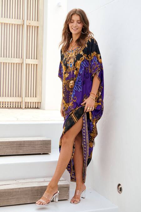 Buy_Zariaah_Blue Viscose, Silk Embroidery Round Neck Empress Long Kaftan _Online_at_Aza_Fashions